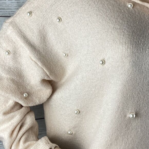 NWT Bongo Cropped Sweater Peachy Pink Faux Pearl Cowl Neck - Picture 5 of 12